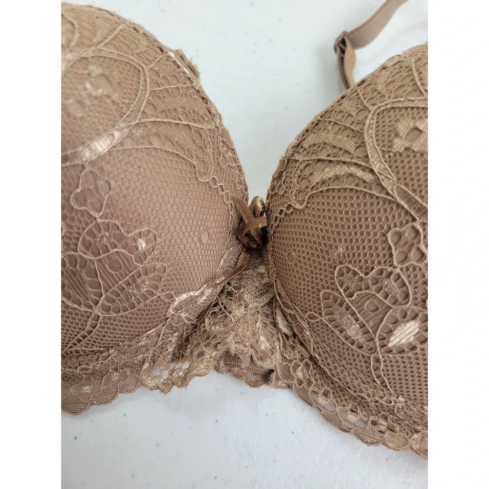 Rene Rofe Push Up Bra Underwire Floral Lace Romantic Chic Tan Brown Sz 34C - Picture 2 of 8